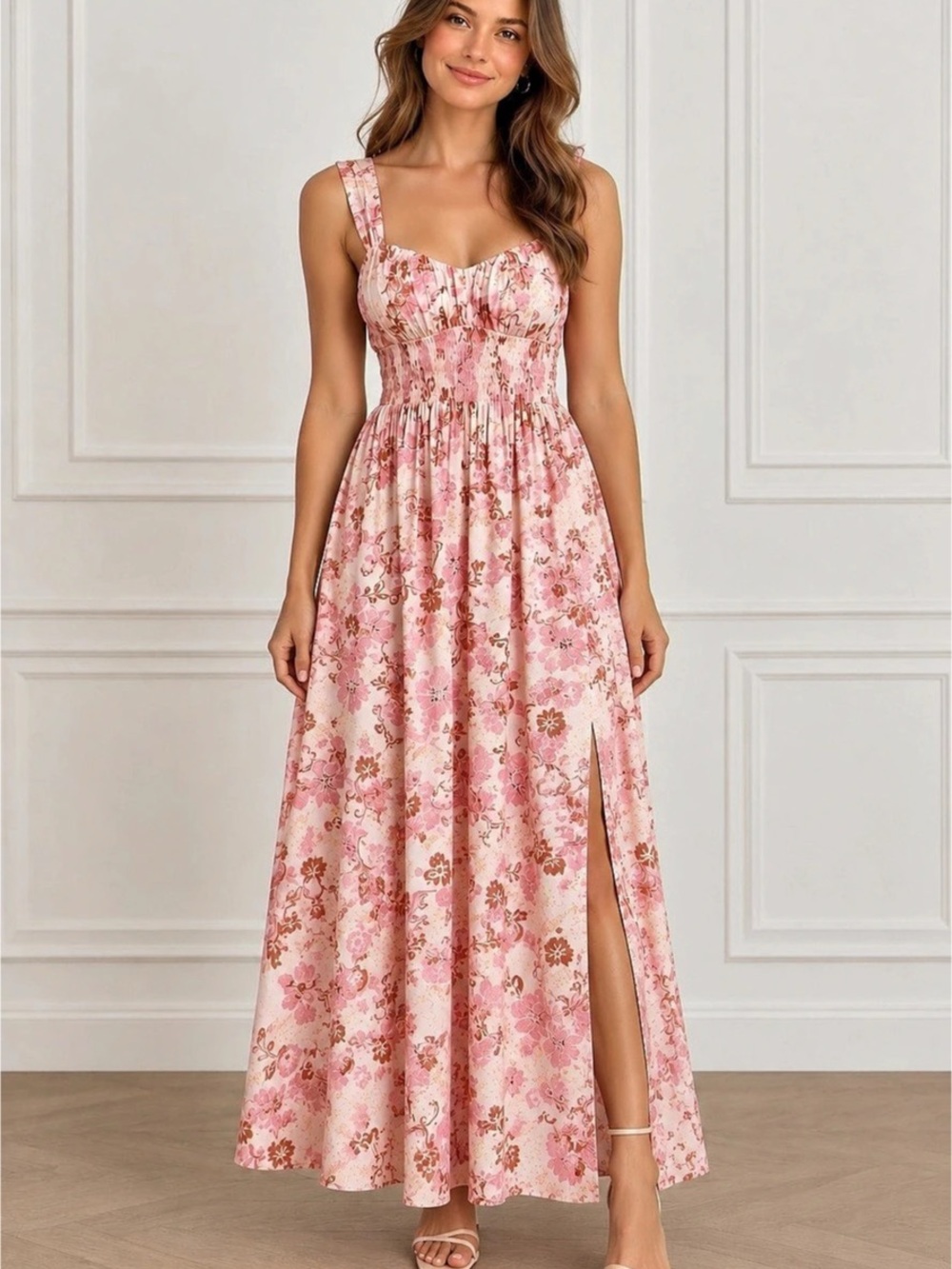 Grace Karin Pink Floral Maxi Dress Size L Smocked Side Zip Cottagecore Boho